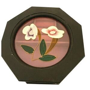 Small Wooden Octagon Black Jewelry Box Glass Flower Tabletop 6 1/4"d x 2 3/4"h